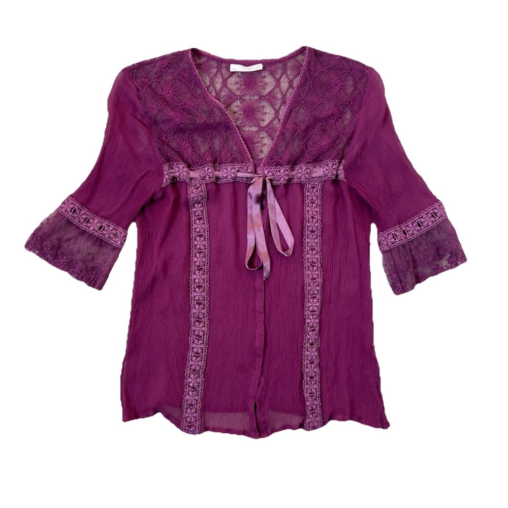 Vintage 90s Y2K Babydoll Top Fairy Grunge Sheer Medium Lace 1/2 Sleeve